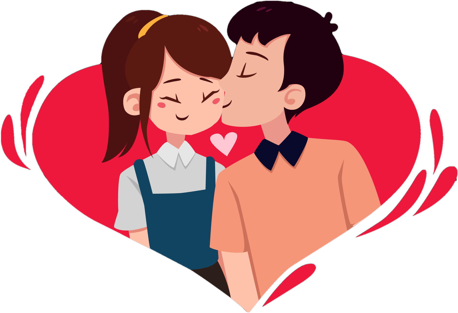 Animated Couple Kissing With Heart Background PNG