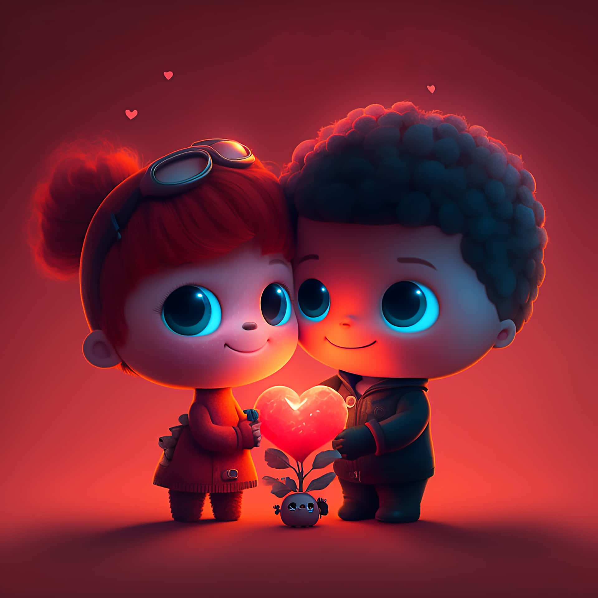 Animated Couple Sharing Love Heart Wallpaper