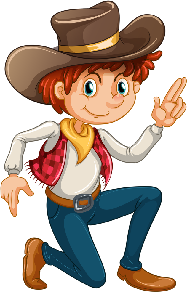 Animated Cowboy Character Pointing Upward PNG