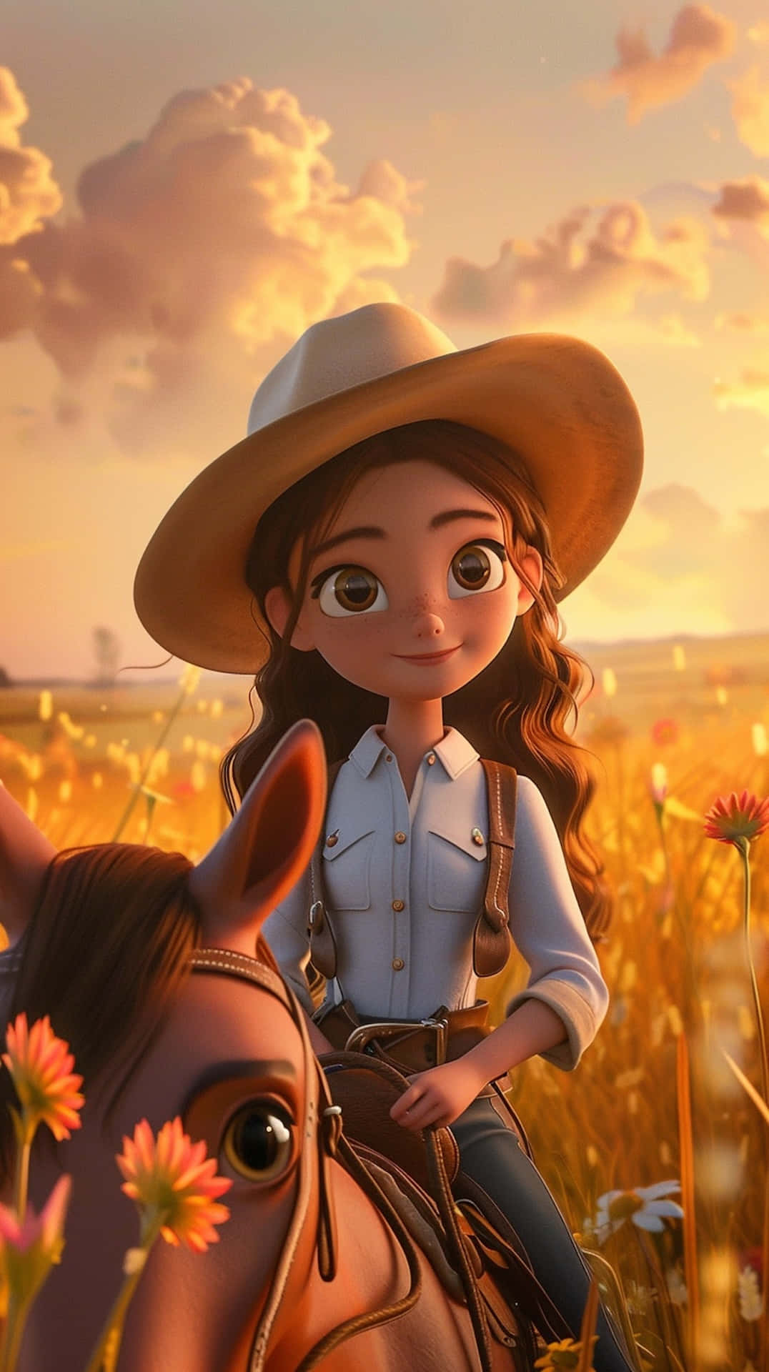 Animated Cowgirl Sunset Ride Wallpaper