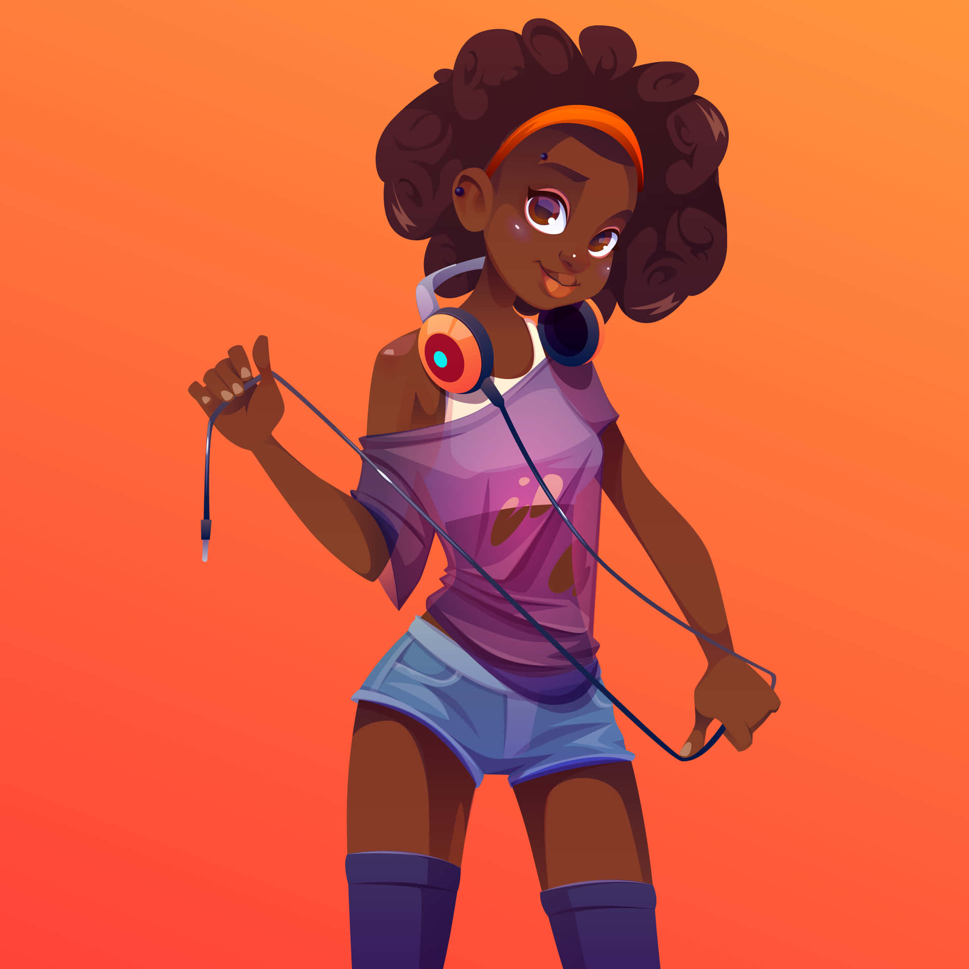 Animated Ebony Girl With Headphones Wallpaper