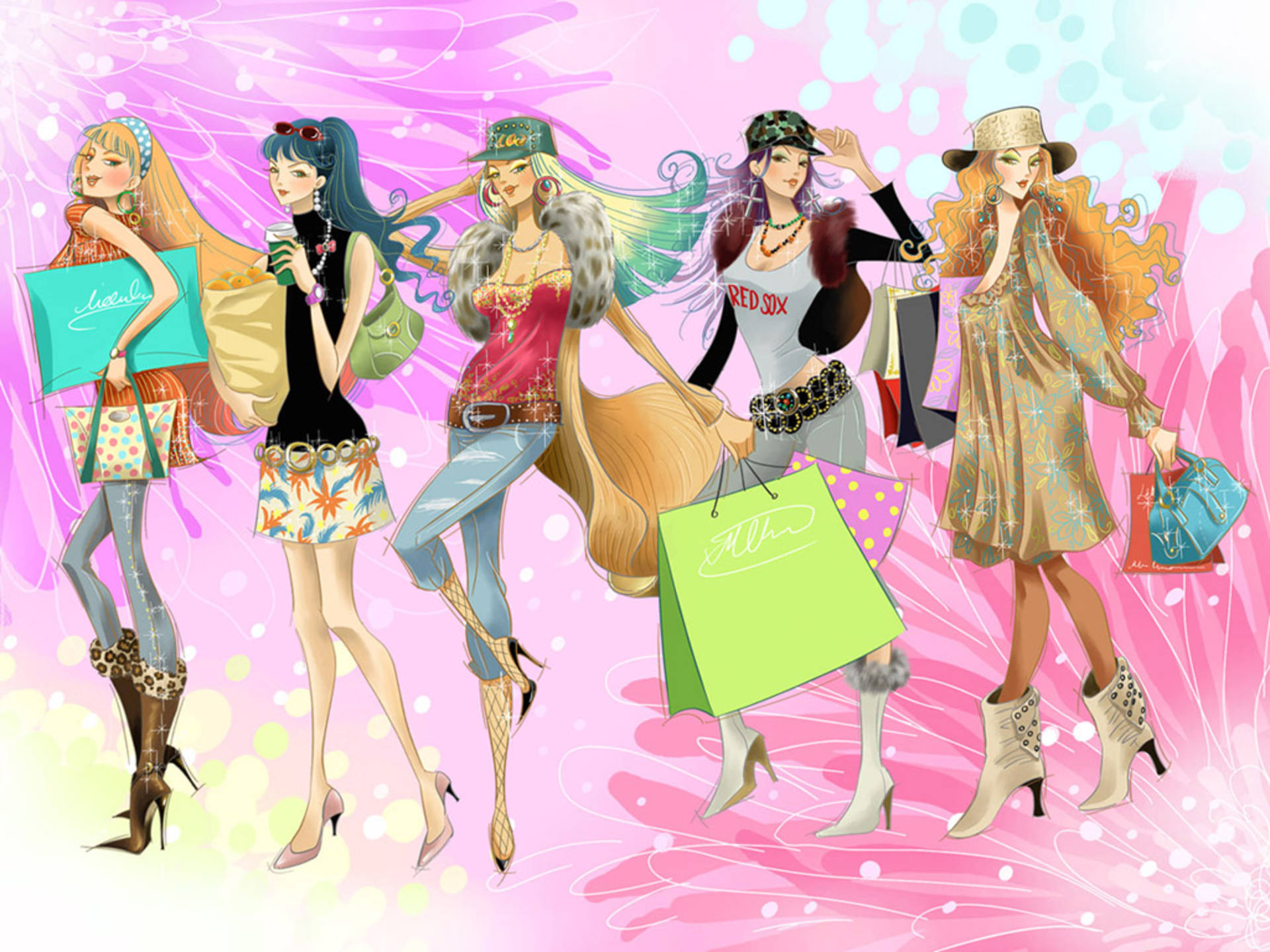 Animated girls in fashion outfits wallpaper.