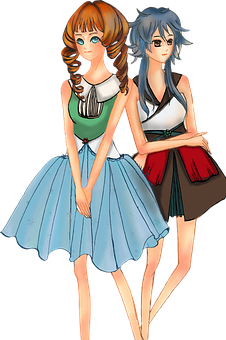 Animated Female Friends Standing Together PNG