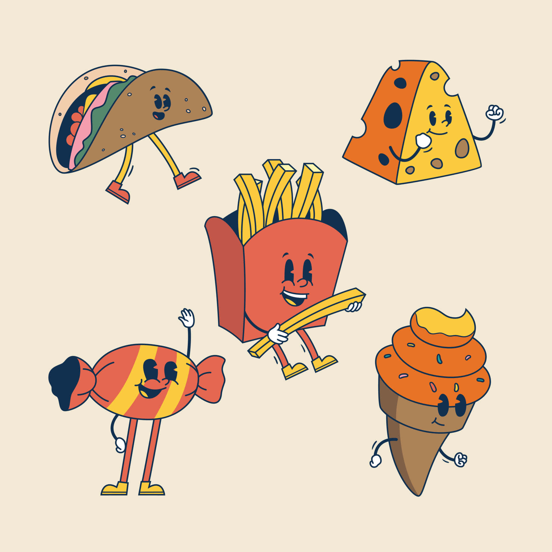 Animated Food Characters Retro Style Wallpaper