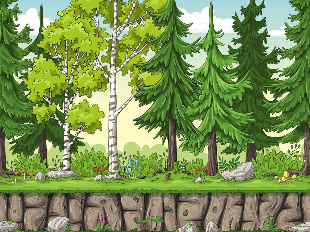 Cartoon Forest Background With Trees And Rocks