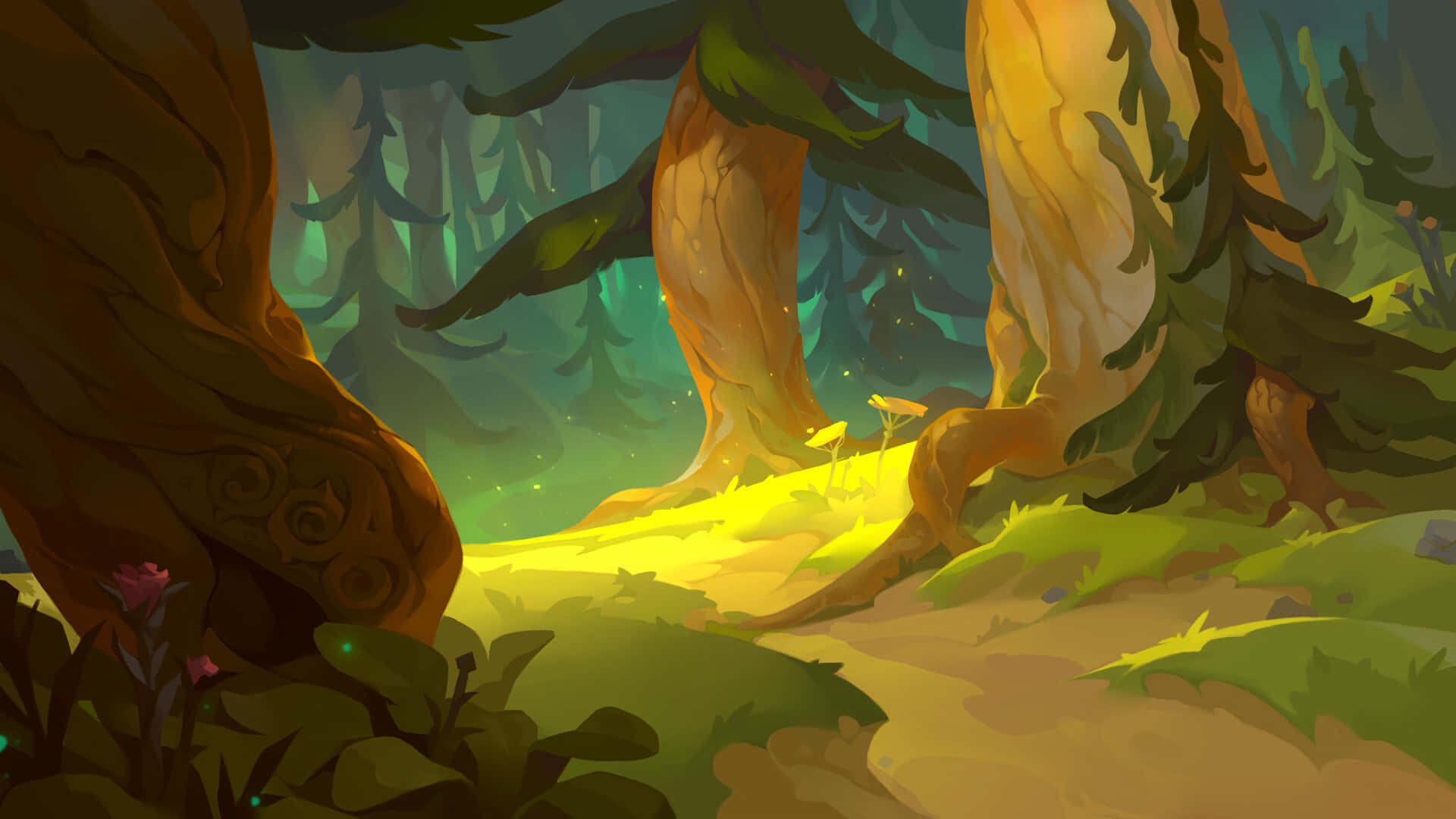 A sunset view of a mysterious animated forest