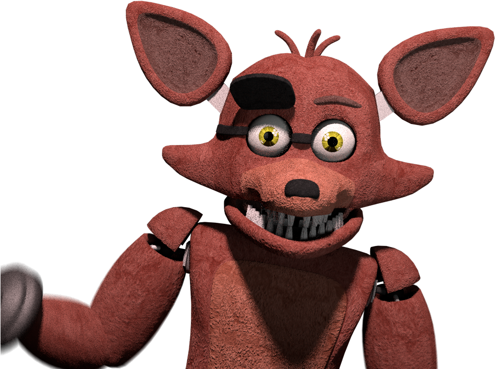 Animated Fredbear Character PNG — A menacing red animatronic fox with a black eye patch and sharp teeth stares intensely against a black background.