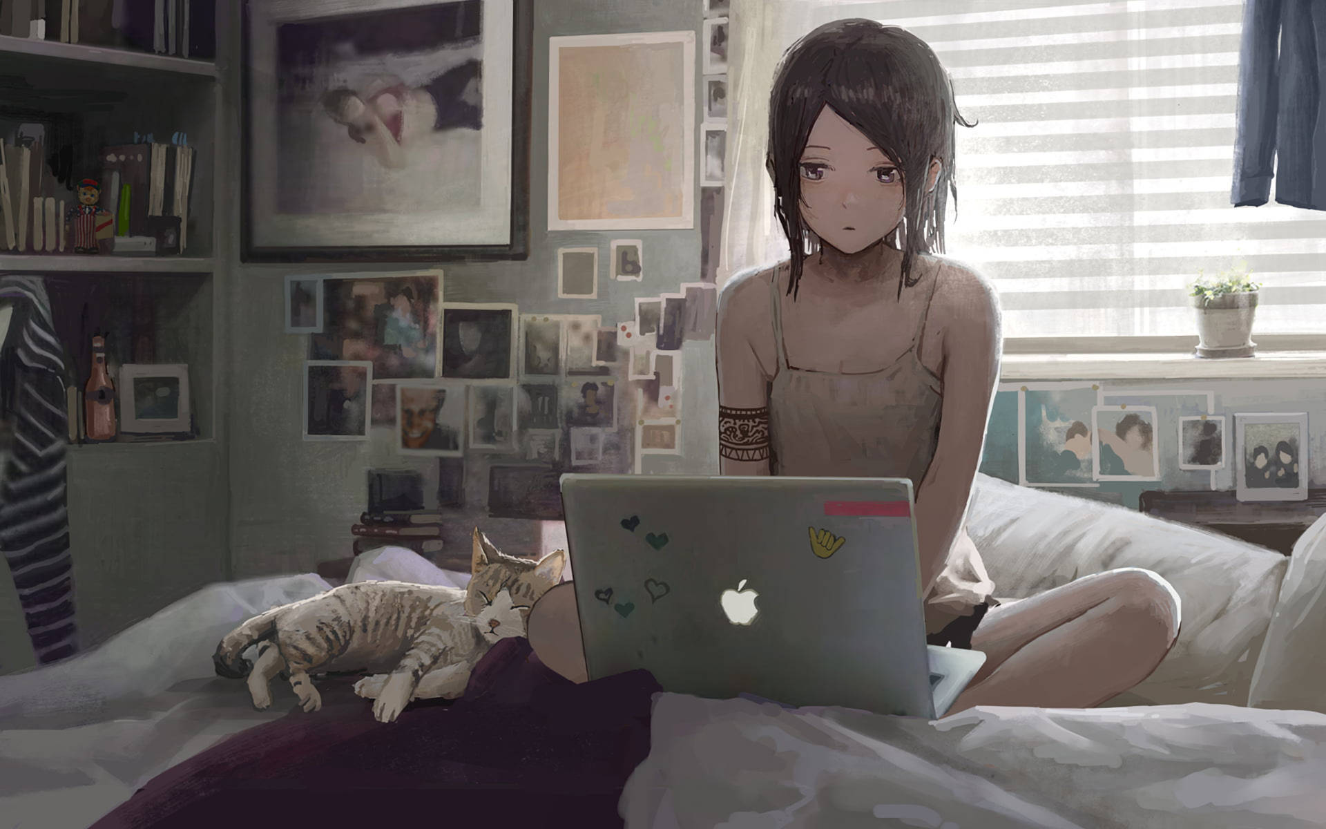 Animiertesmädchen Laptop Auf Dem Bett. Wallpaper