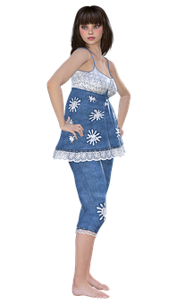 Animated Girlin Denim Dress PNG