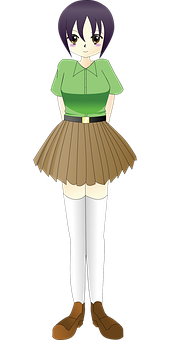 Animated Girlin Green Shirtand Brown Skirt PNG