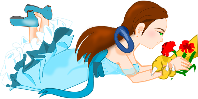 Animated Girlwith Flowersand Blue Dress PNG