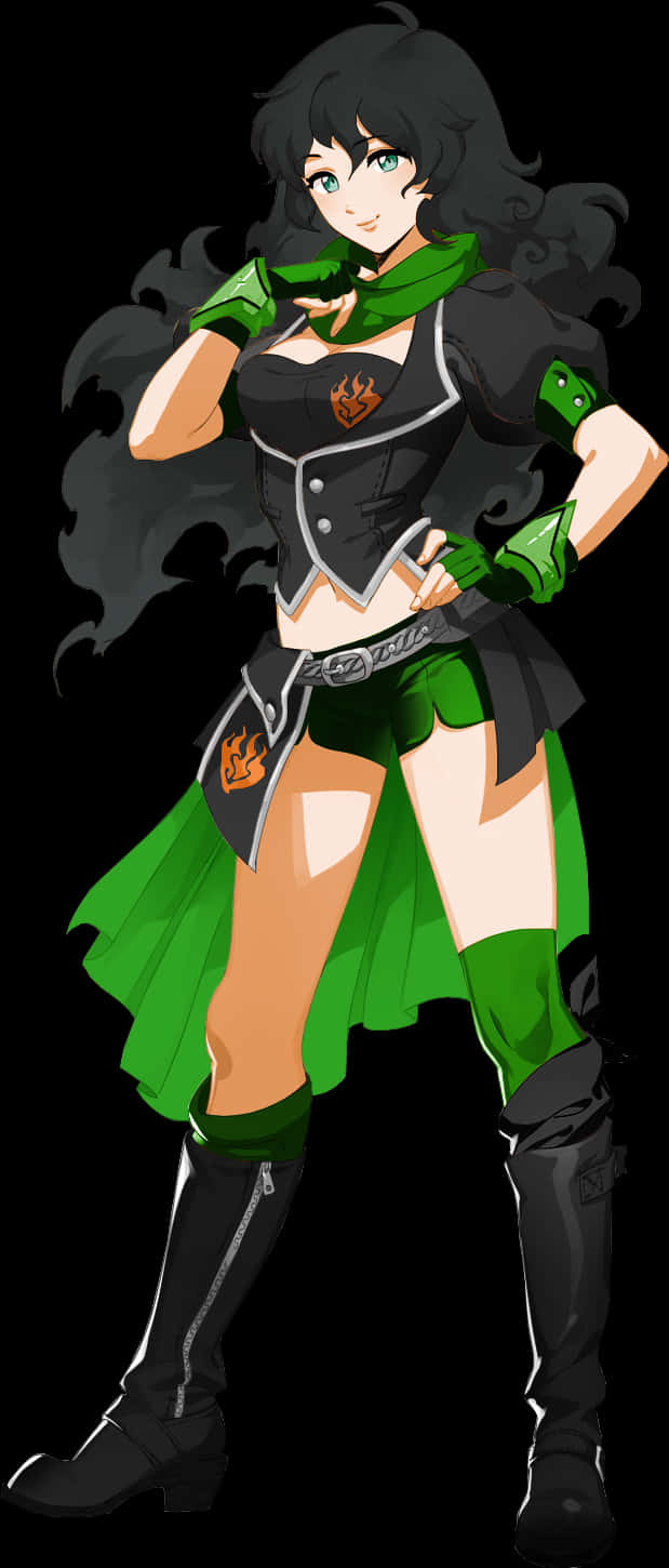 Animated Girlwith Long Black Hairand Green Outfit PNG