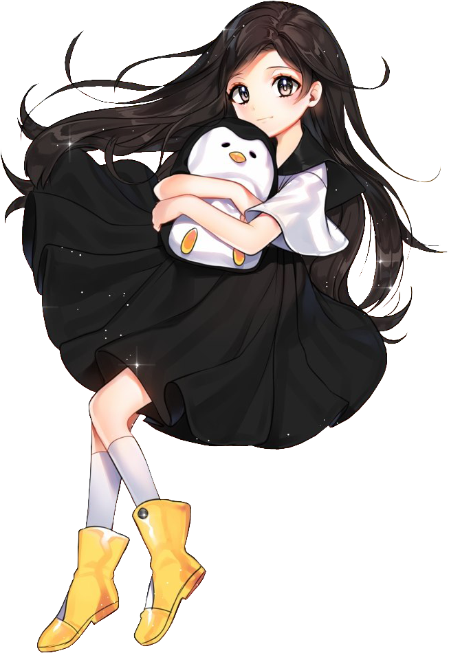 Animated Girlwith Penguin Plushieand Yellow Boots PNG