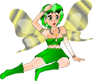 Animated Green Elf Girl Sitting PNG