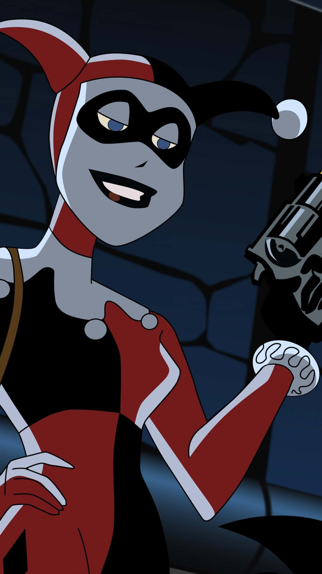 Animoitu Harley Quinn Hymyilemässä Aseen Kanssa Taustakuva