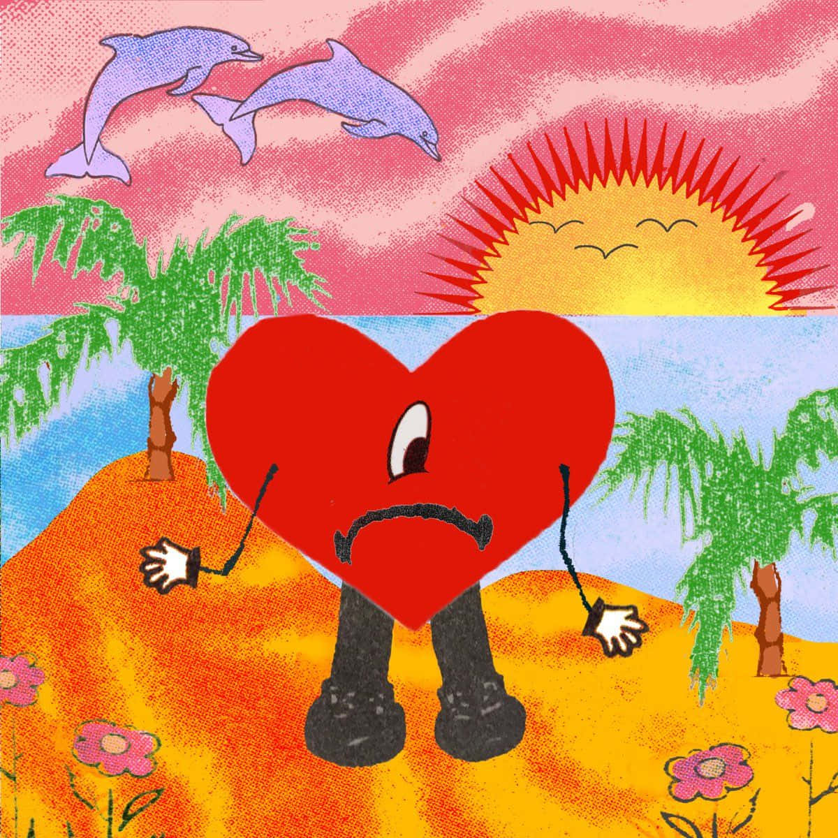 Animated Heart Character Tropical Backdrop Wallpaper
