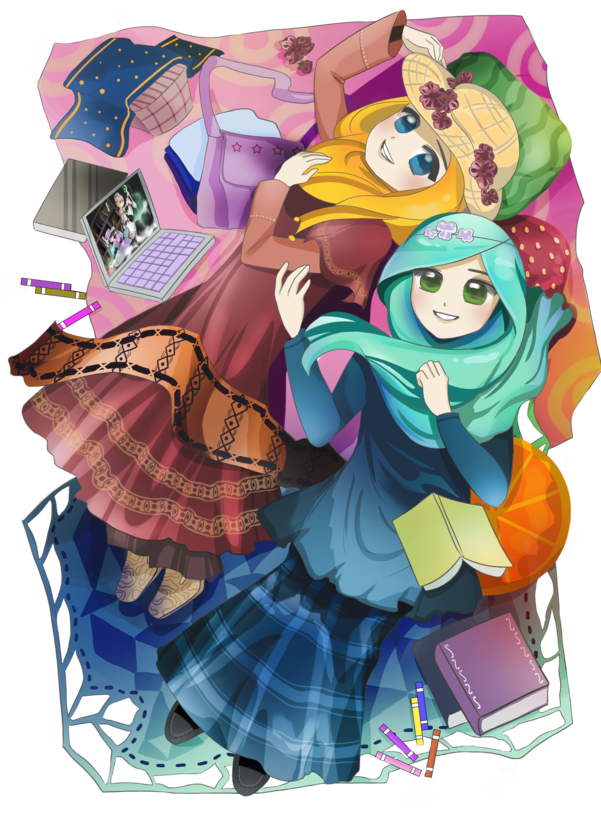 Animated Hijab Friends Studying Together PNG