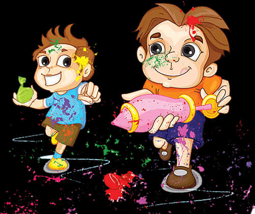Animated Holi Celebration Kids PNG