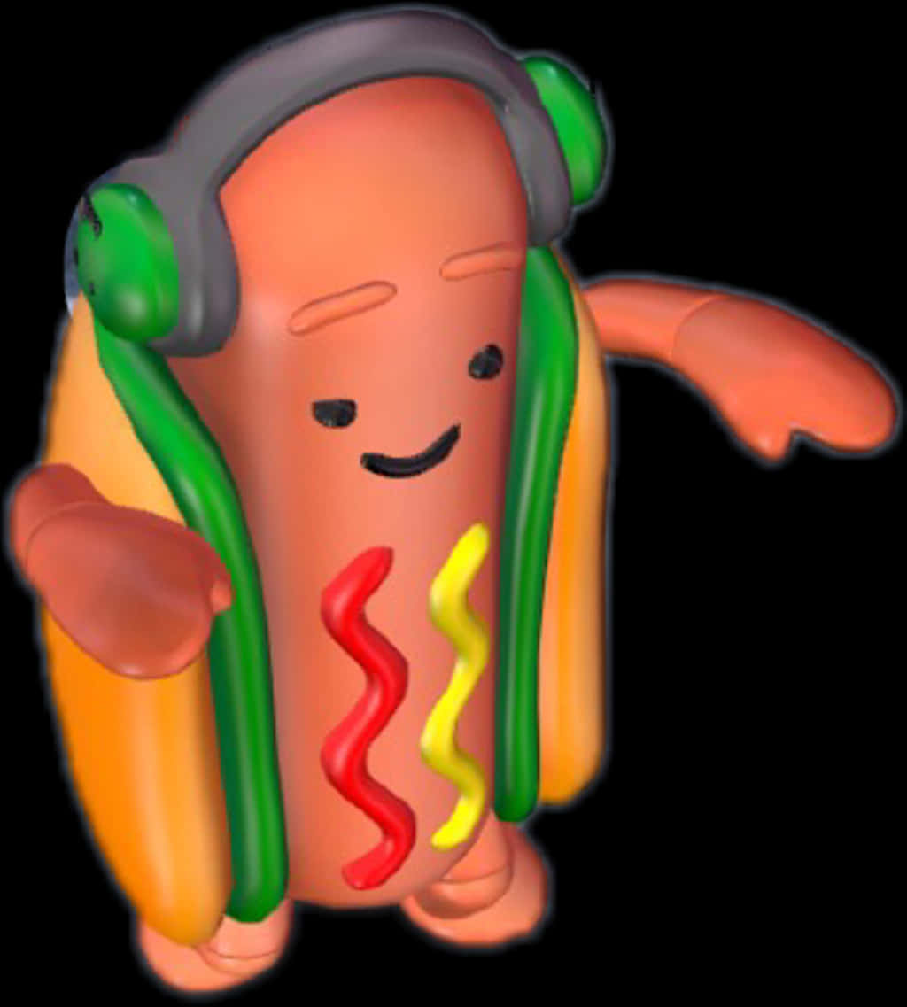 Animated Hot Dog Character With Headphones PNG
