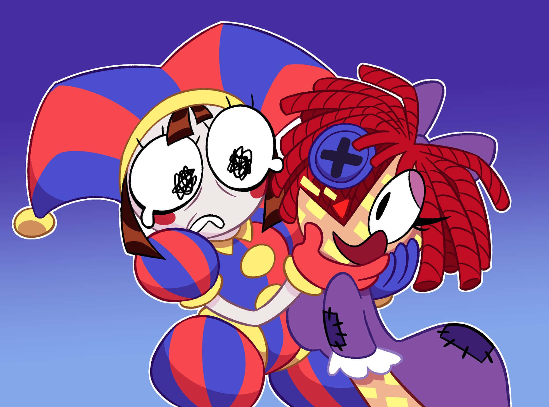Animated Jester Characters Embrace Wallpaper