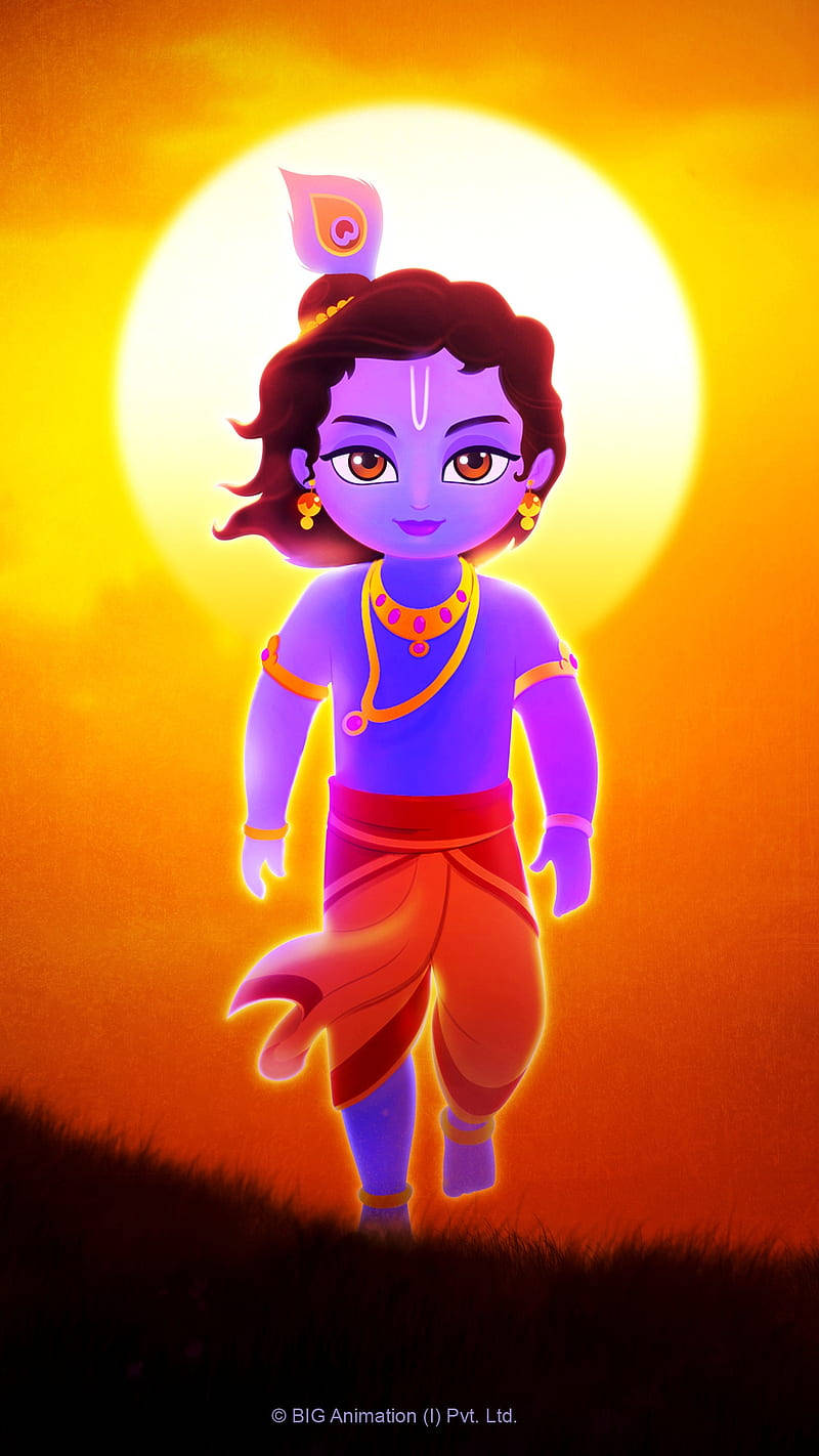 Animated Krishna And Sunset Wallpaper