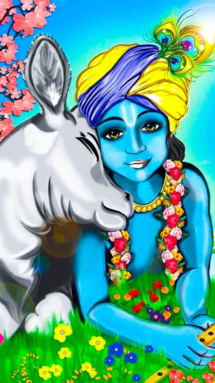 Animated Krishna Loves Animals Wallpaper
