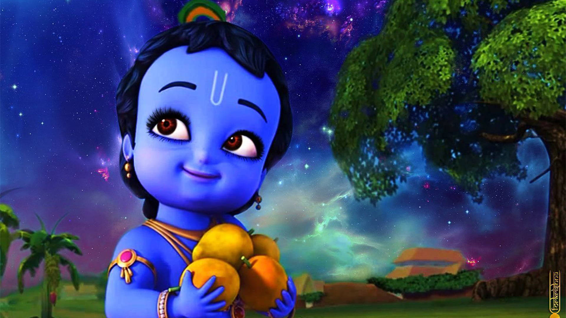 Animated Krishna Loves His Fruits Wallpaper