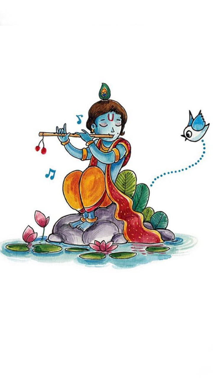Download Animated Krishna Loves Music Wallpaper 