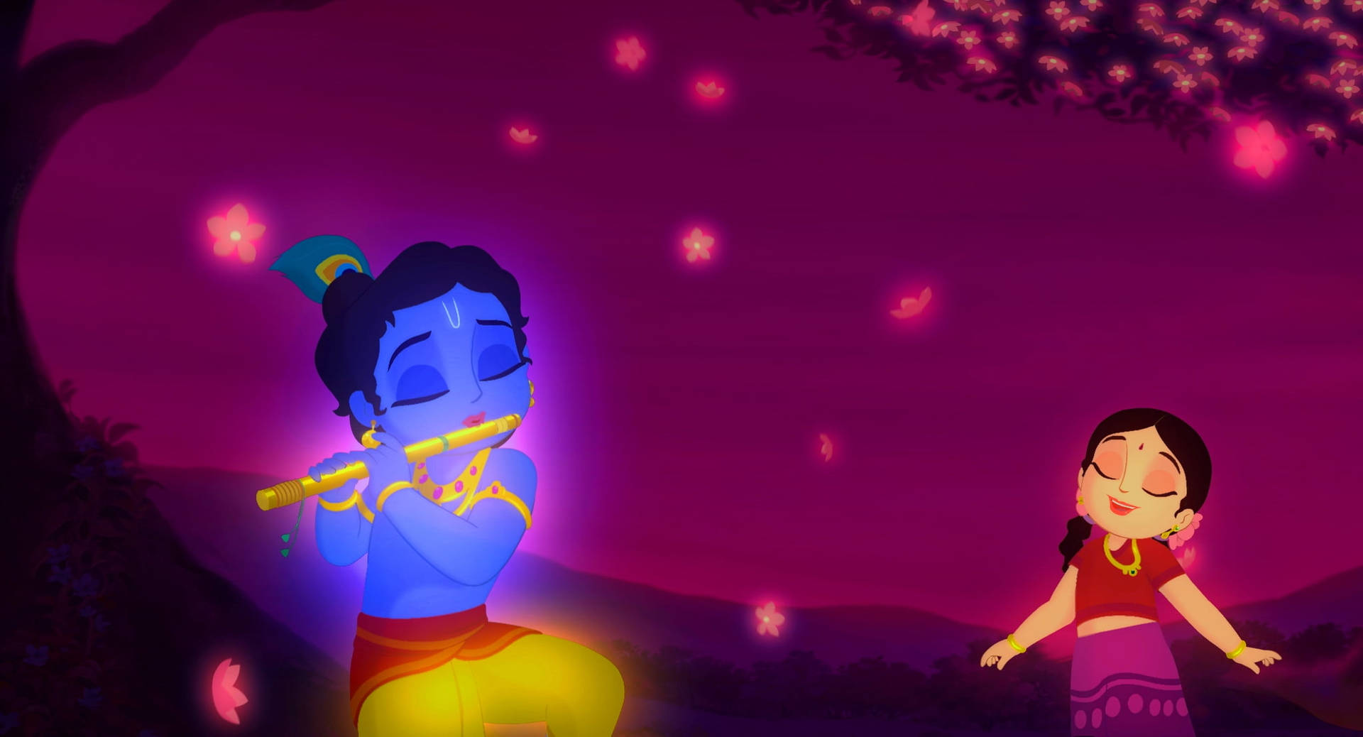 Animiertesbild Von Krishna, Der Die Flöte Für Radha Spielt Wallpaper