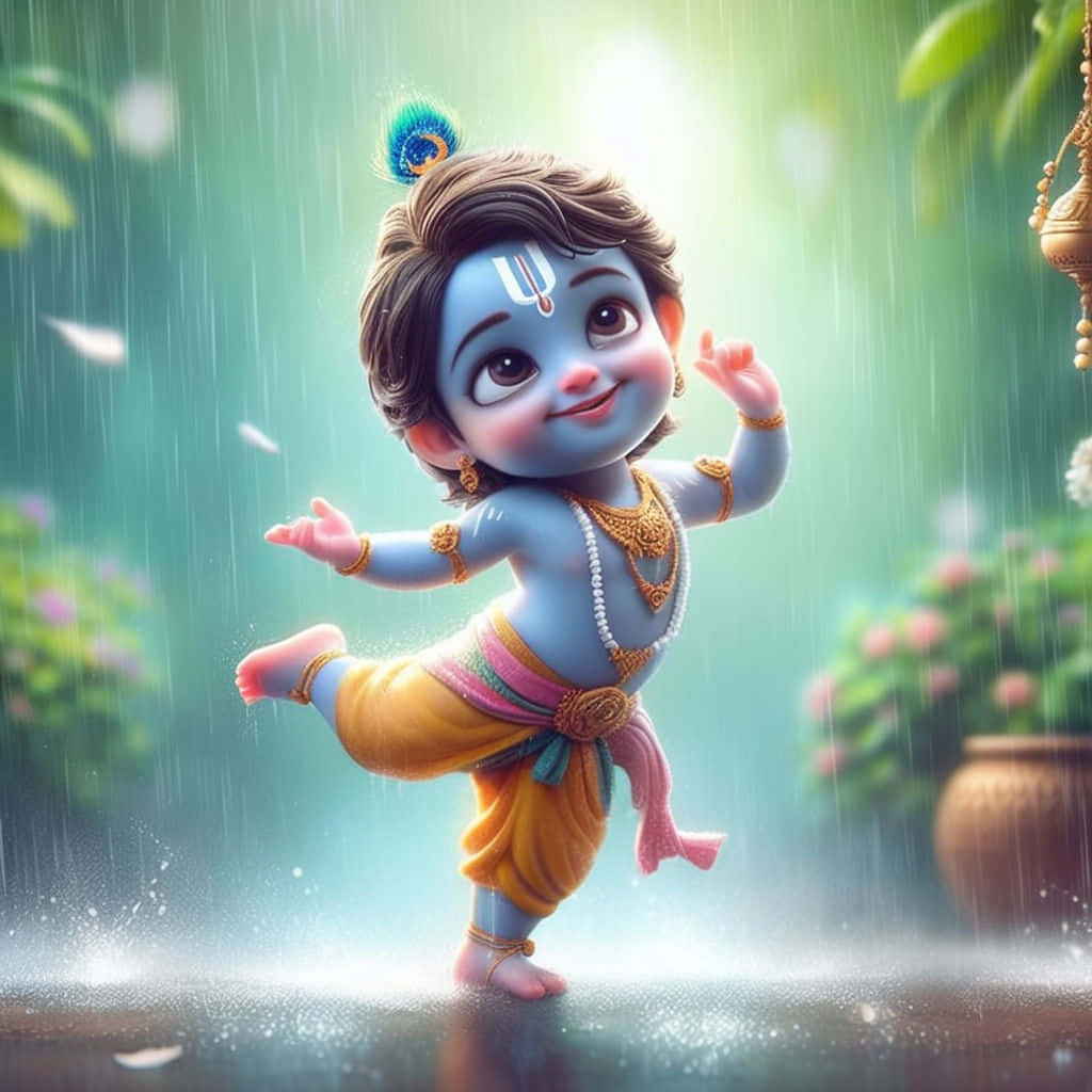 Animated Lord Krishna Enjoying Rain Wallpaper