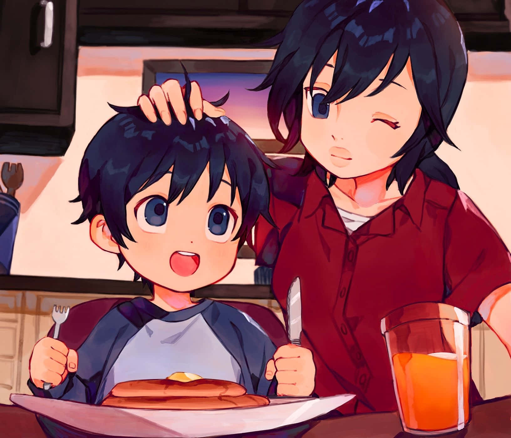 Animated Mother Son Breakfast Moment Wallpaper