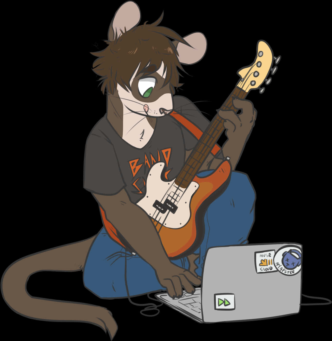 Animated Mouse Playing Guitarand Laptop PNG