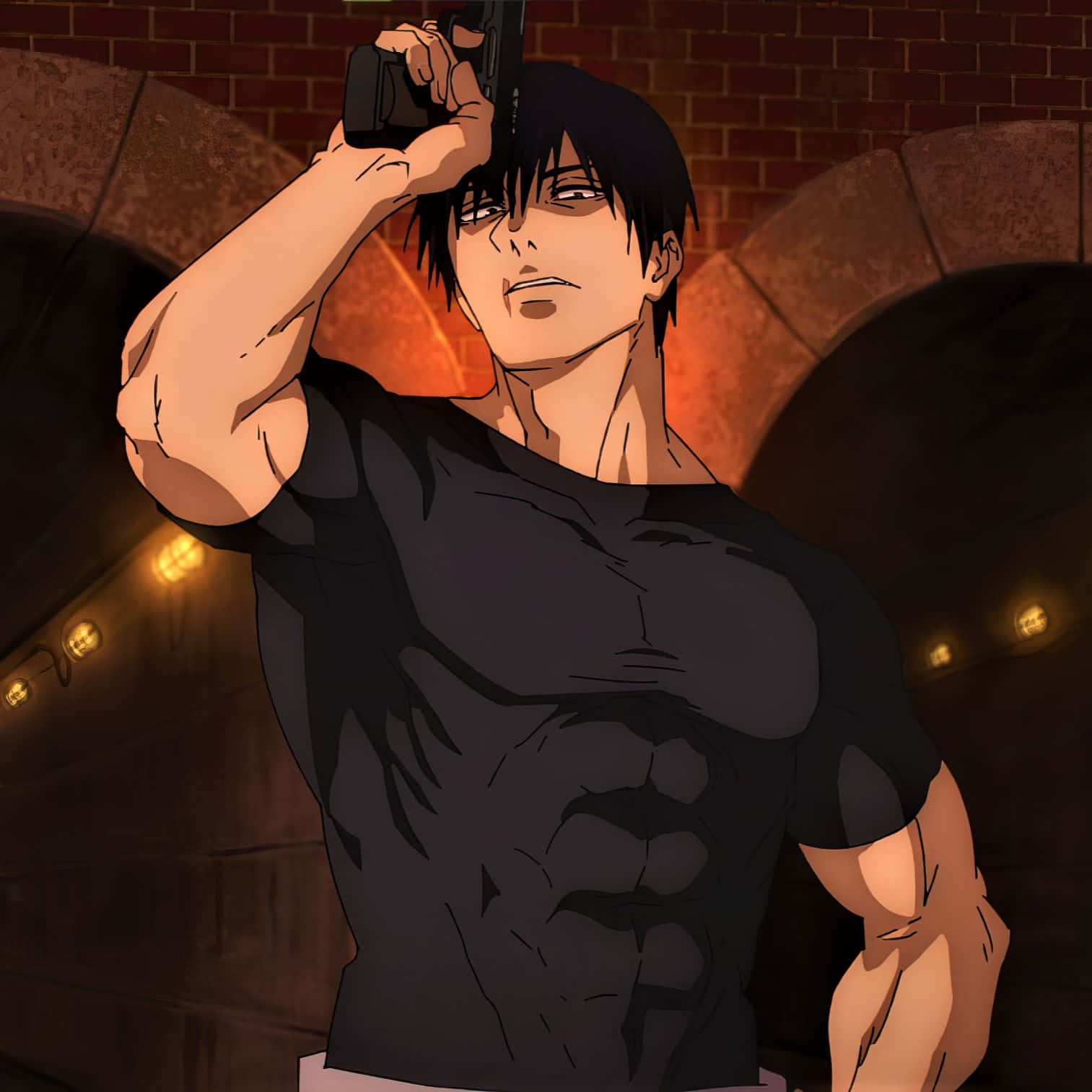 Animated Muscular Character With Gun Wallpaper