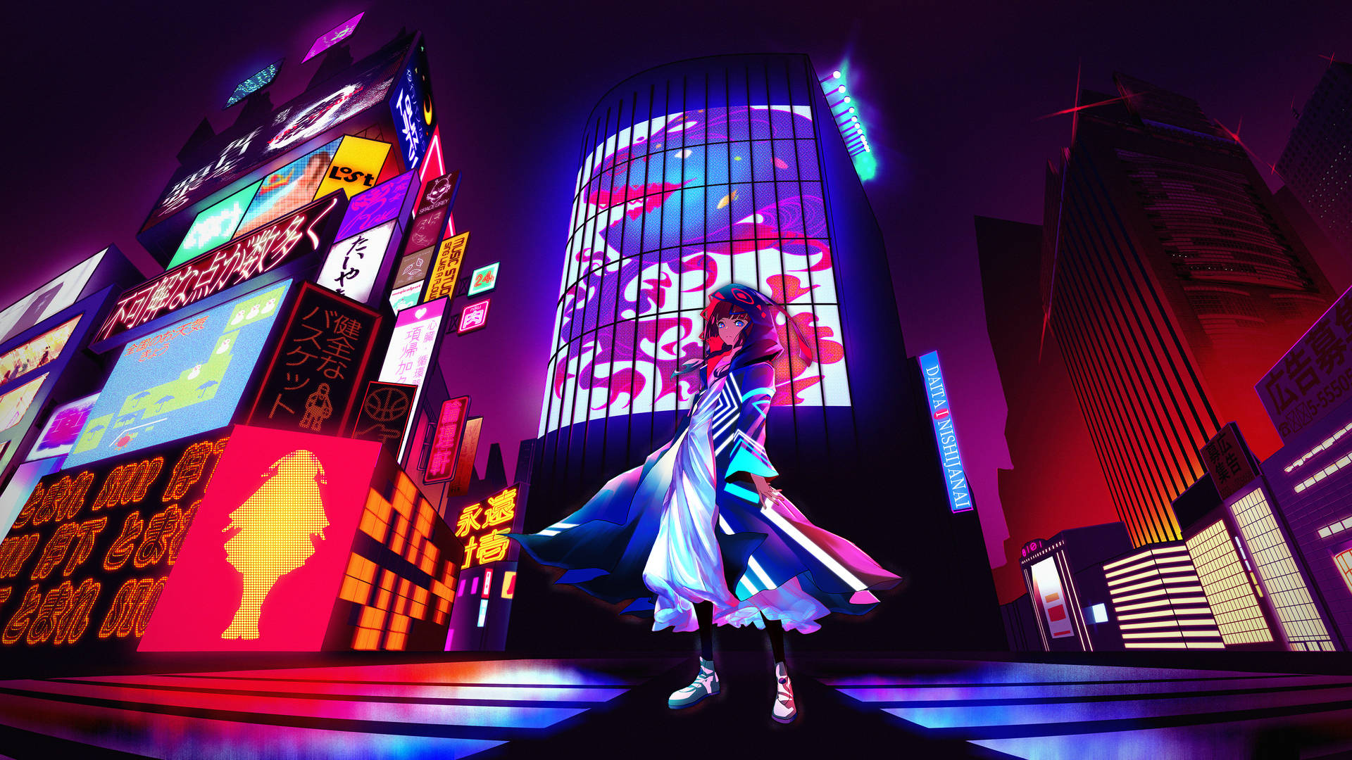 Animated Neon Aesthetic Tokyo Japan Girl Wallpaper