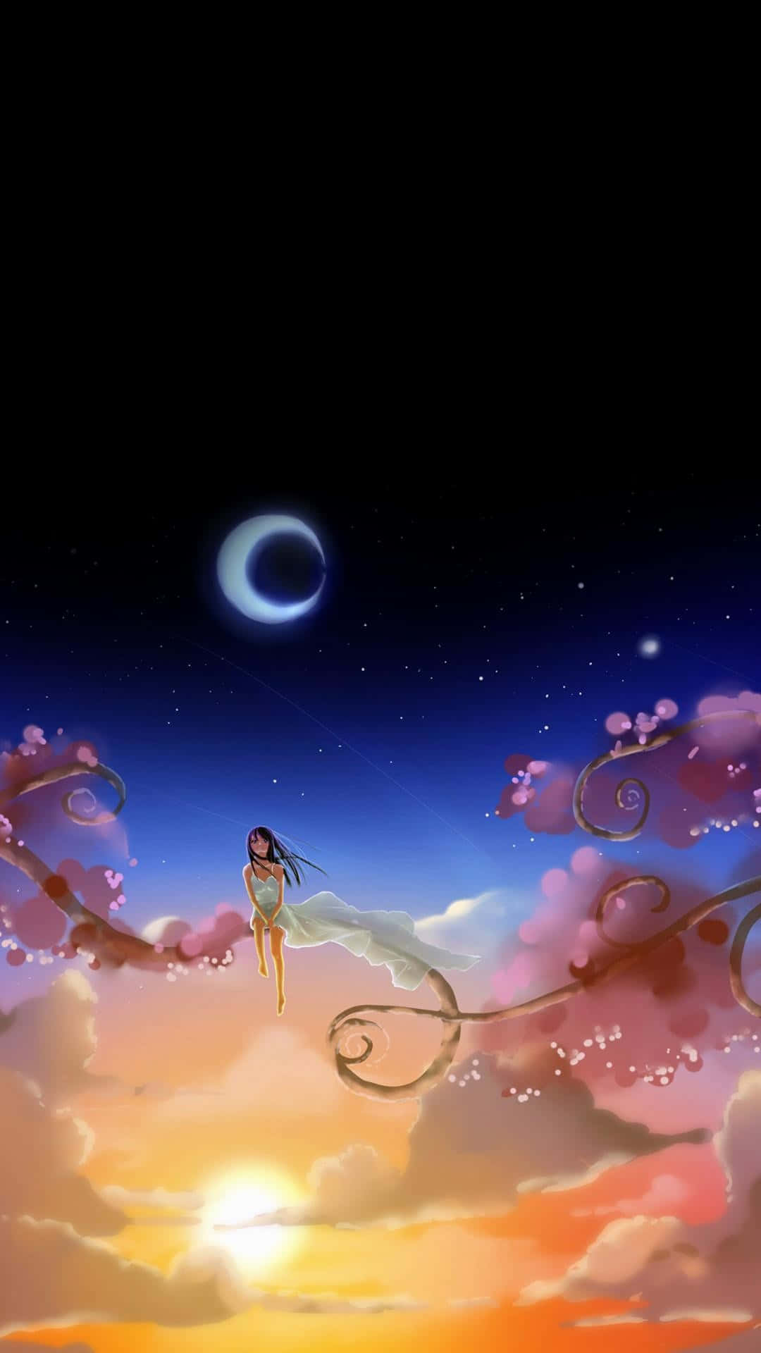 En pige flyver over månen og skyer Wallpaper