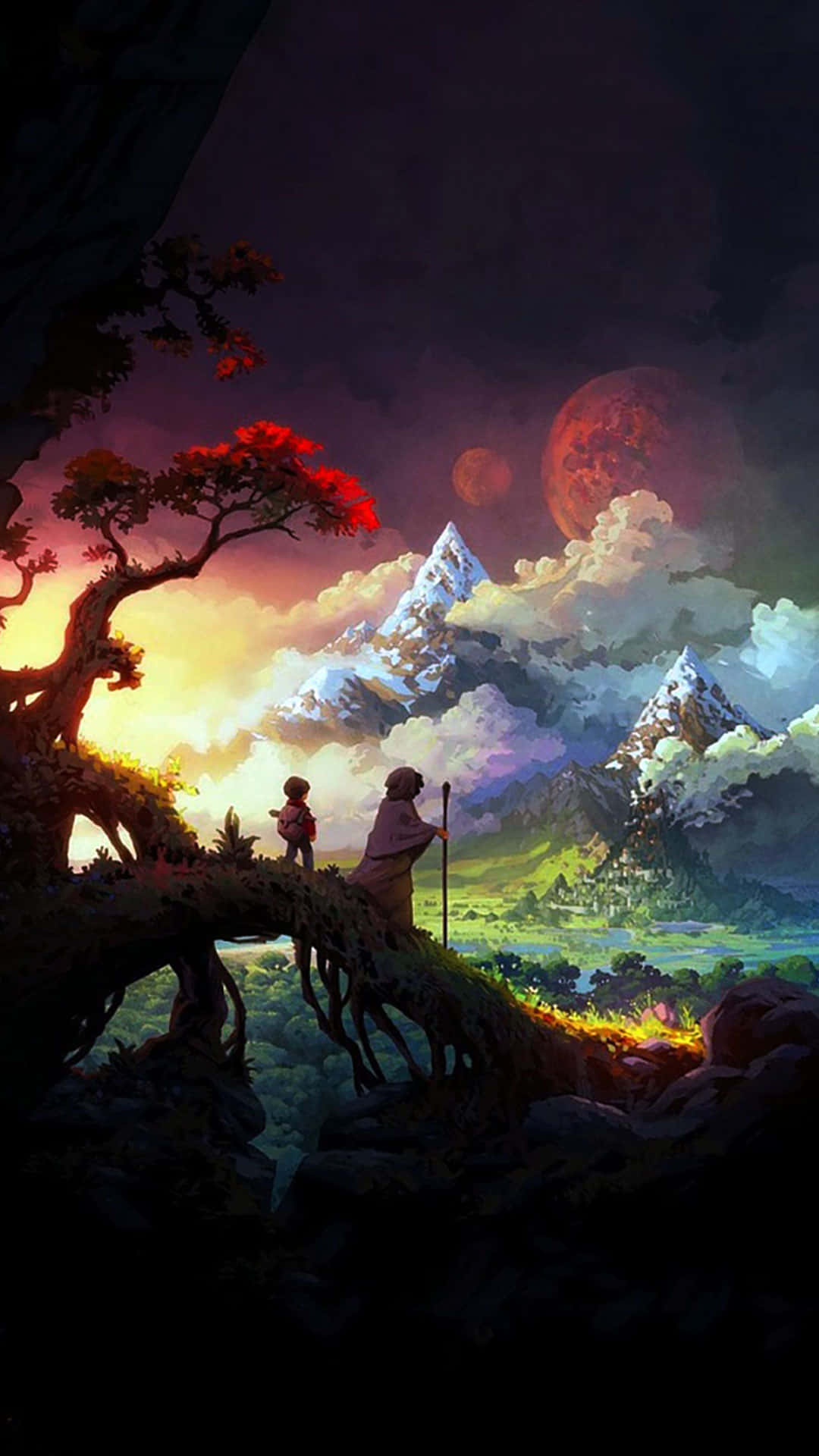 En mand og en kvinde står på en bjerg med en solnedgang bag dem. Wallpaper