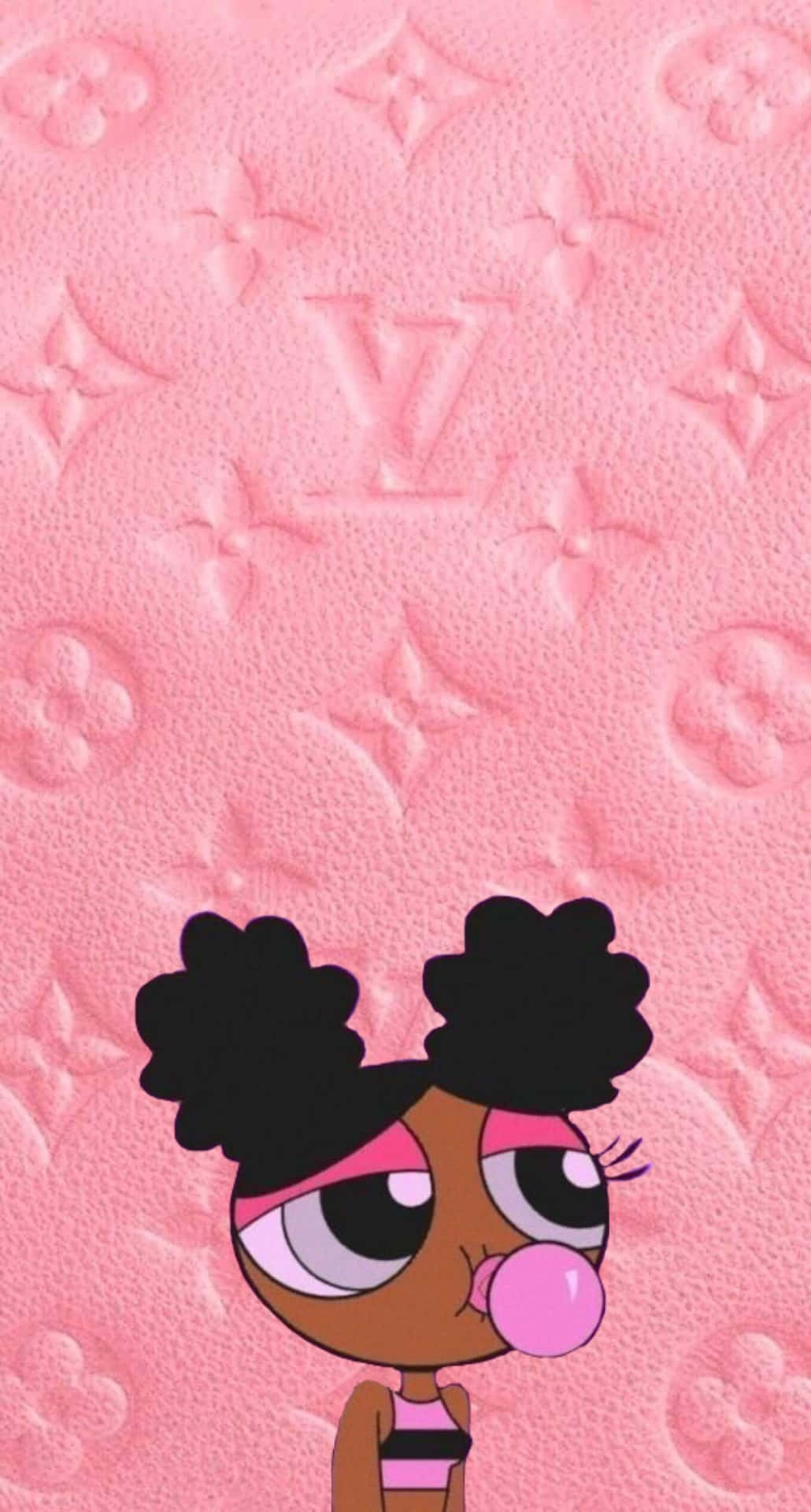 Animated Pink Background Black Girl Chewing Gum Wallpaper