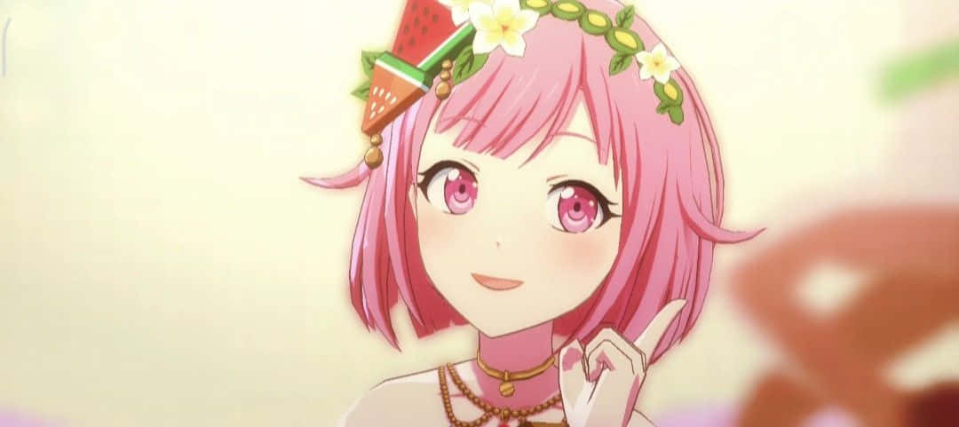 Animated Pink Haired Girlwith Floral Accessory Wallpaper