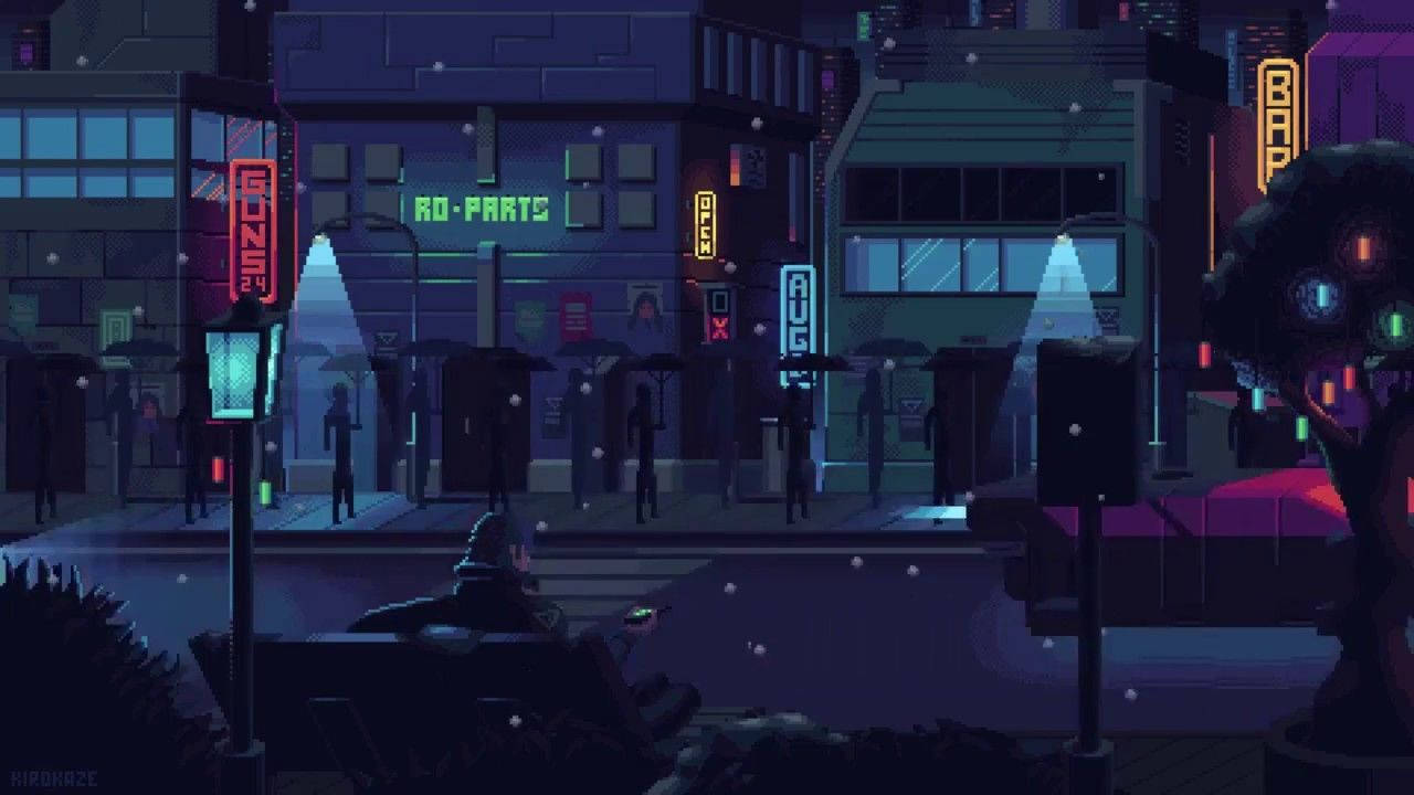 Animated Pixel Street At Night Wallpaper