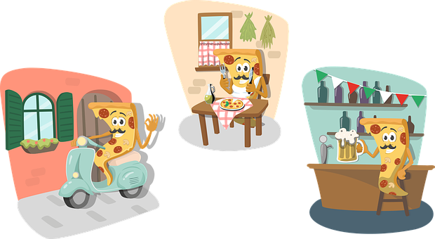 Animated Pizza Characters Enjoying Everyday Life PNG