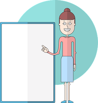 Animated Presenter Girl Pointingat Blank Board PNG