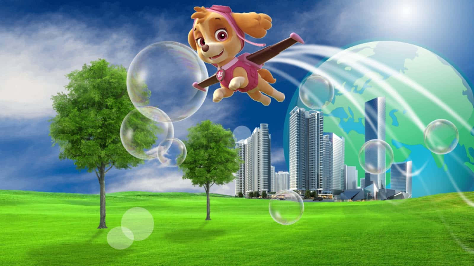 Animated Puppy Flying Adventure Wallpaper