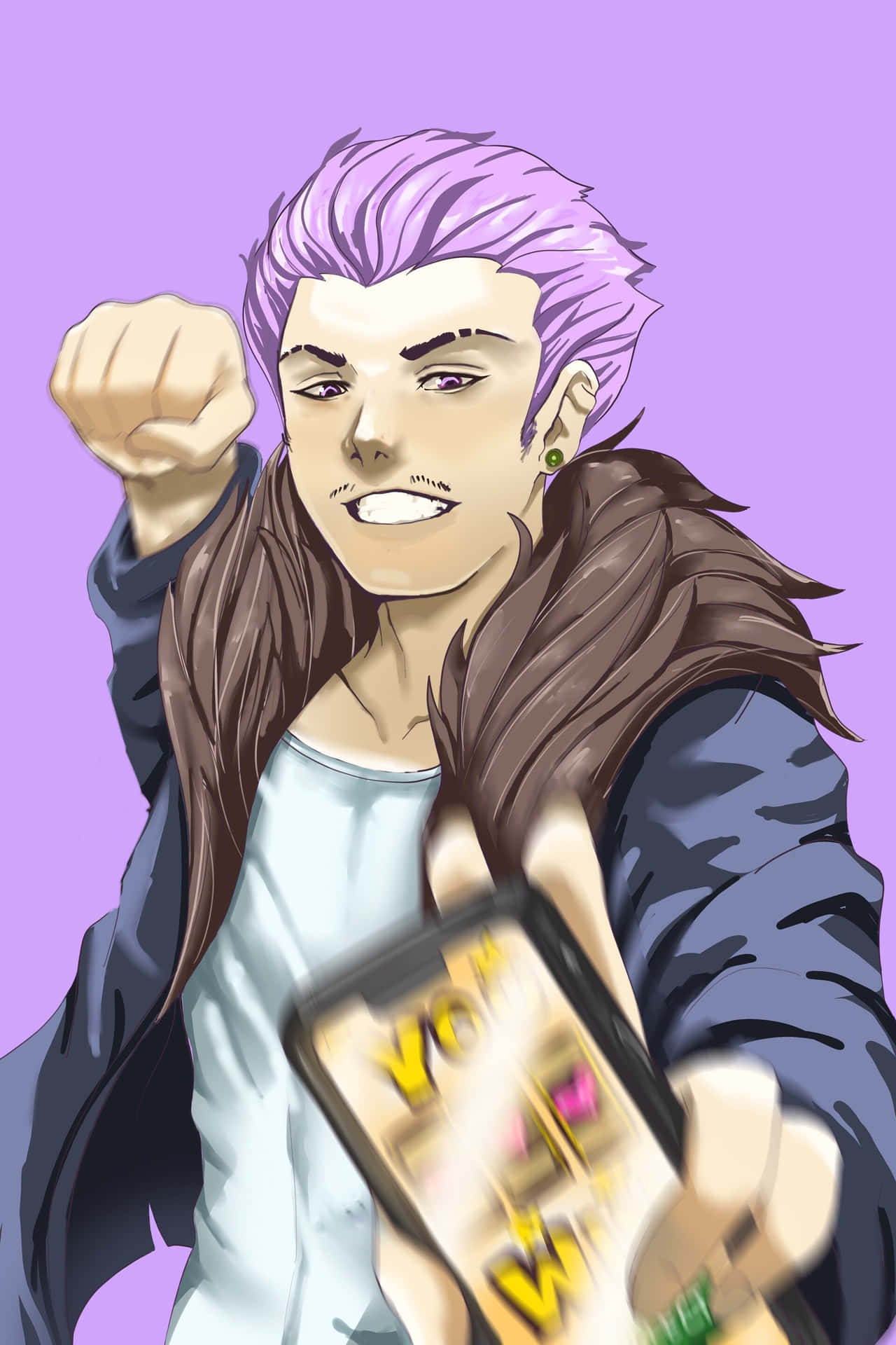 Animated Purple Haired Character Fist Pump Wallpaper