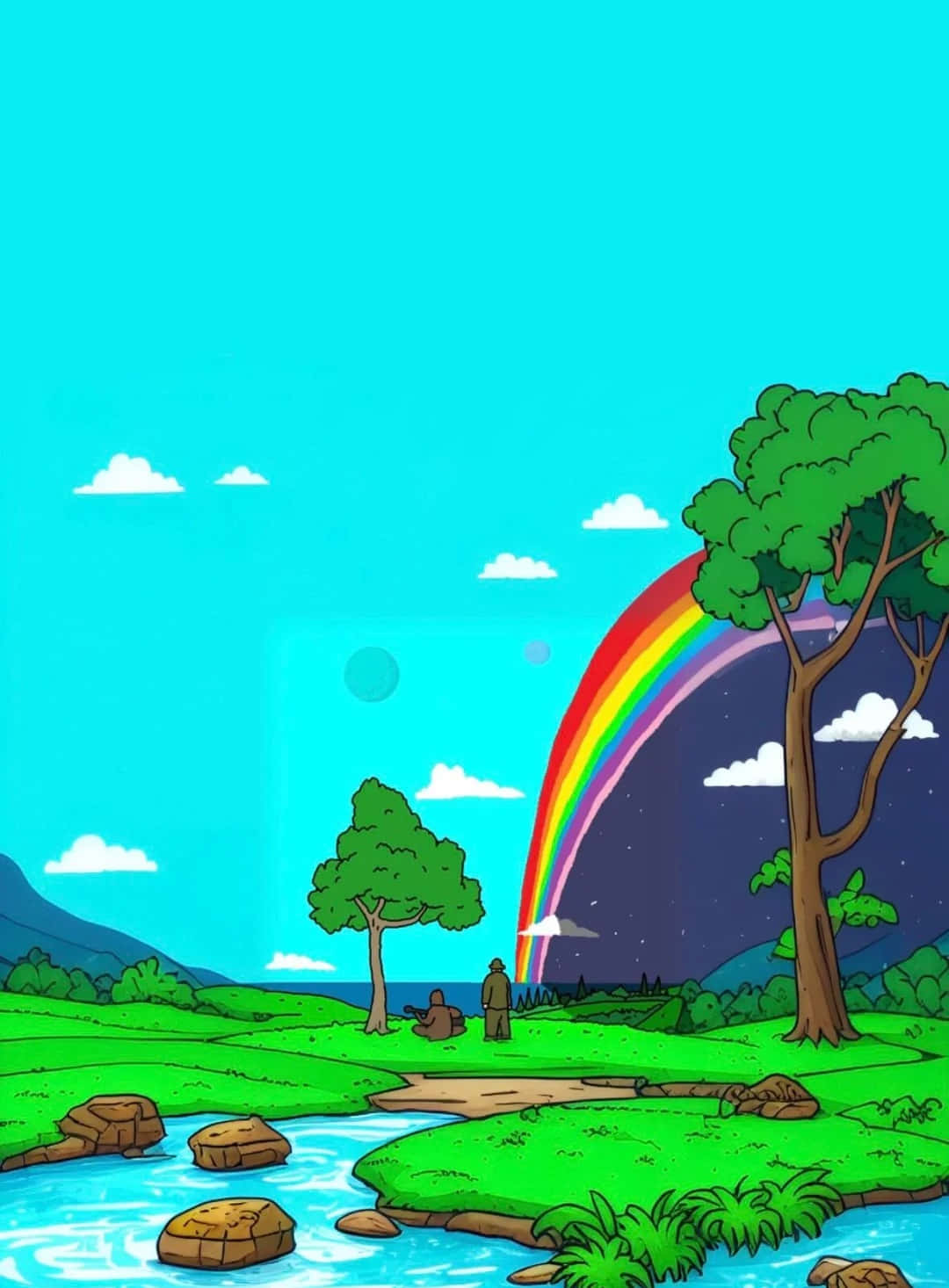 Animated Rainbow Landscape With Characters Wallpaper
