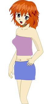 Animated Redhead Girlin Purple Topand Blue Skirt PNG