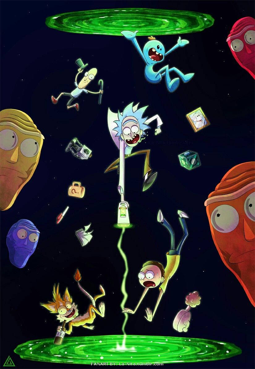 Animated Rick And Morty Getting Sucked In Portal Background