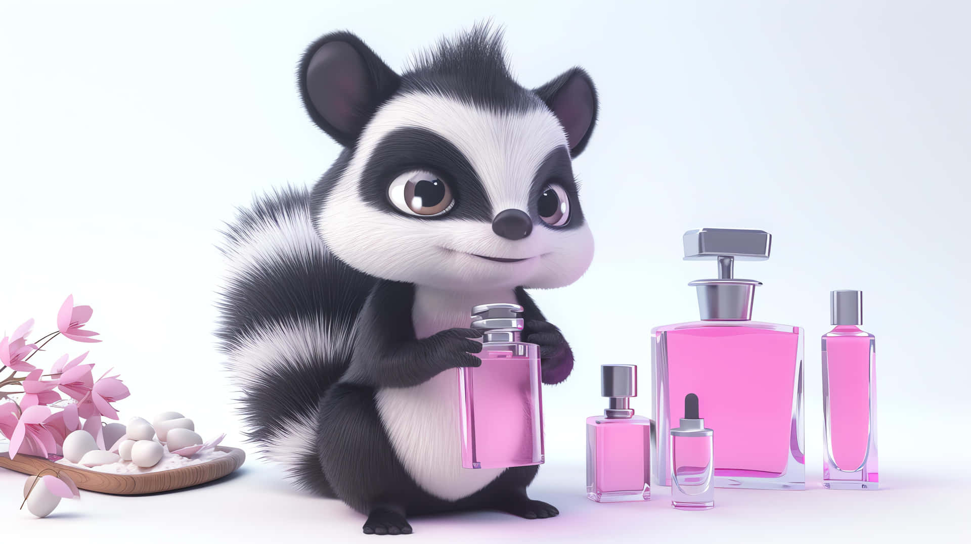 Animated Skunk With Perfume Bottles Wallpaper