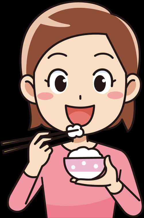 Animated Woman Eating Rice With Chopsticks PNG