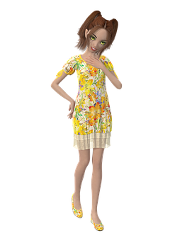 Animated Woman Floral Dress Pose PNG