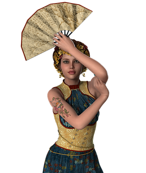 Animated Woman Holding Fan PNG